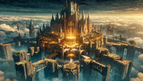  anime scenery, anime aestetics, gigantic castle, huge structure, medieval fantasy architecture, floating platforms, castle of f...