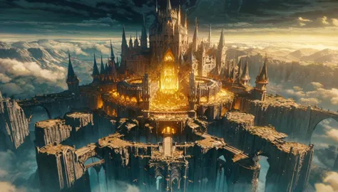  anime scenery, anime aestetics, gigantic castle, huge structure, medieval fantasy architecture, floating platforms, castle of f...