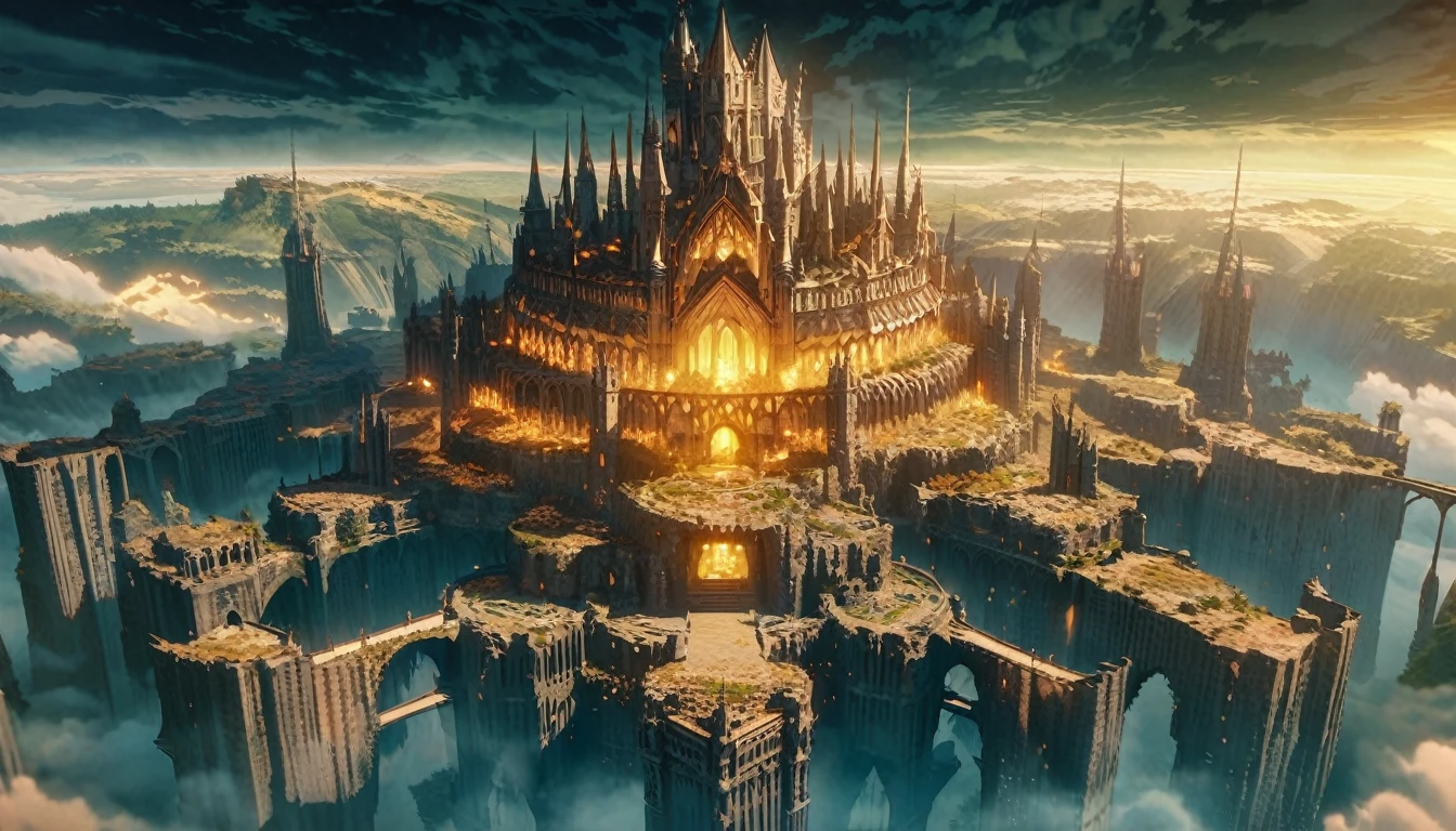  anime scenery, anime aestetics, gigantic castle, huge structure, medieval fantasy architecture, floating platforms, castle of final boss, shadow fortrest, very bright yellow bricks, epic structure, architectural masterpiece, elden ring fanart, elden ring architecture, dark fantasy, wide shot, from above, from outside, perspective, atmospheric perspective, highres, 8k, best quality, super detail, award winning, masterpiece