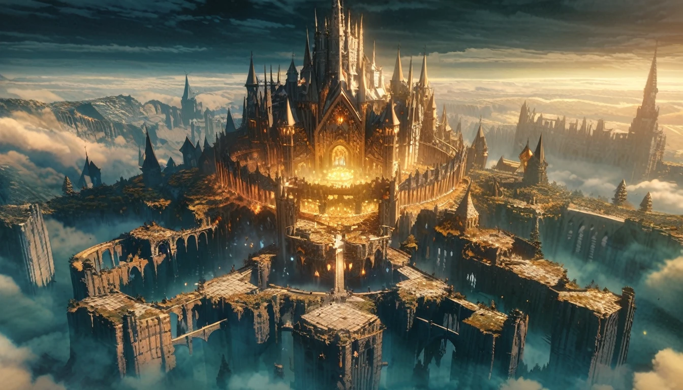  anime scenery, anime aestetics, gigantic castle, huge structure, medieval fantasy architecture, floating platforms, castle of final boss, shadow fortrest, very bright yellow bricks, epic structure, architectural masterpiece, elden ring fanart, elden ring architecture, dark fantasy, wide shot, from above, from outside, perspective, atmospheric perspective, highres, 8k, best quality, super detail, award winning, masterpiece