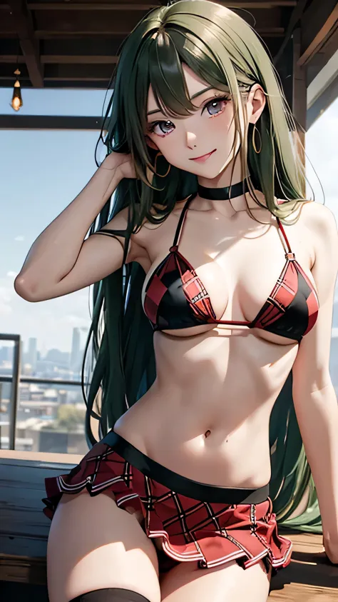 masterpiece,Ultra-high resolution、Highest quality、Sexy pose、Green Hair、Long Hair:1.2, Pink Eyes, smile、Tilt your head、big gold earrings:1.5,、Small breasts、the body is slim、Tight waist、Spread your legs,Cowboy Shot、Black and red argyle check bikini、Red super mini bikini skirt、Black panties are slightly visible、Knee socks、Underwear Focus