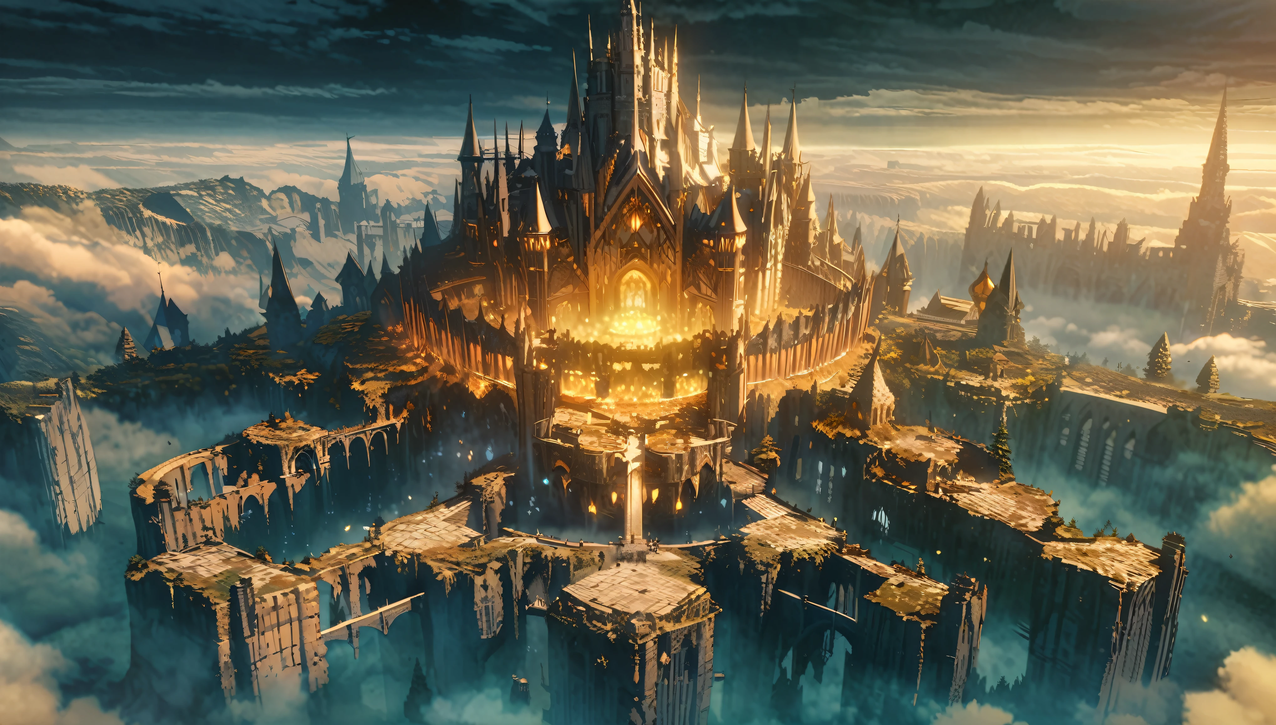  anime scenery, anime aestetics, gigantic castle, huge structure, medieval fantasy architecture, floating platforms, castle of final boss, shadow fortrest, very bright yellow bricks, epic structure, architectural masterpiece, elden ring fanart, elden ring architecture, dark fantasy, wide shot, from above, from outside, perspective, atmospheric perspective, highres, 8k, best quality, super detail, award winning, masterpiece