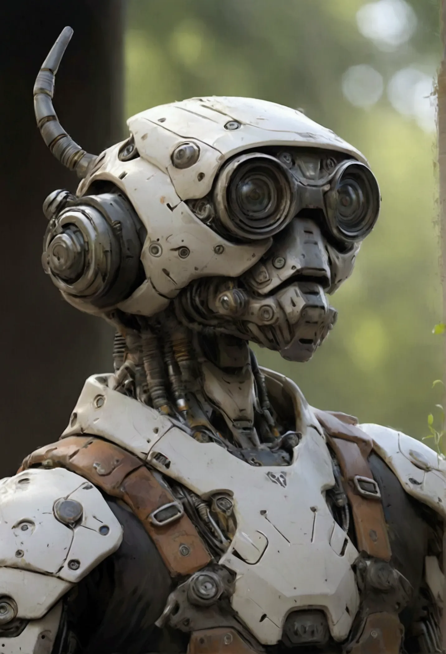 worn farmer humanoid robot with metal beard