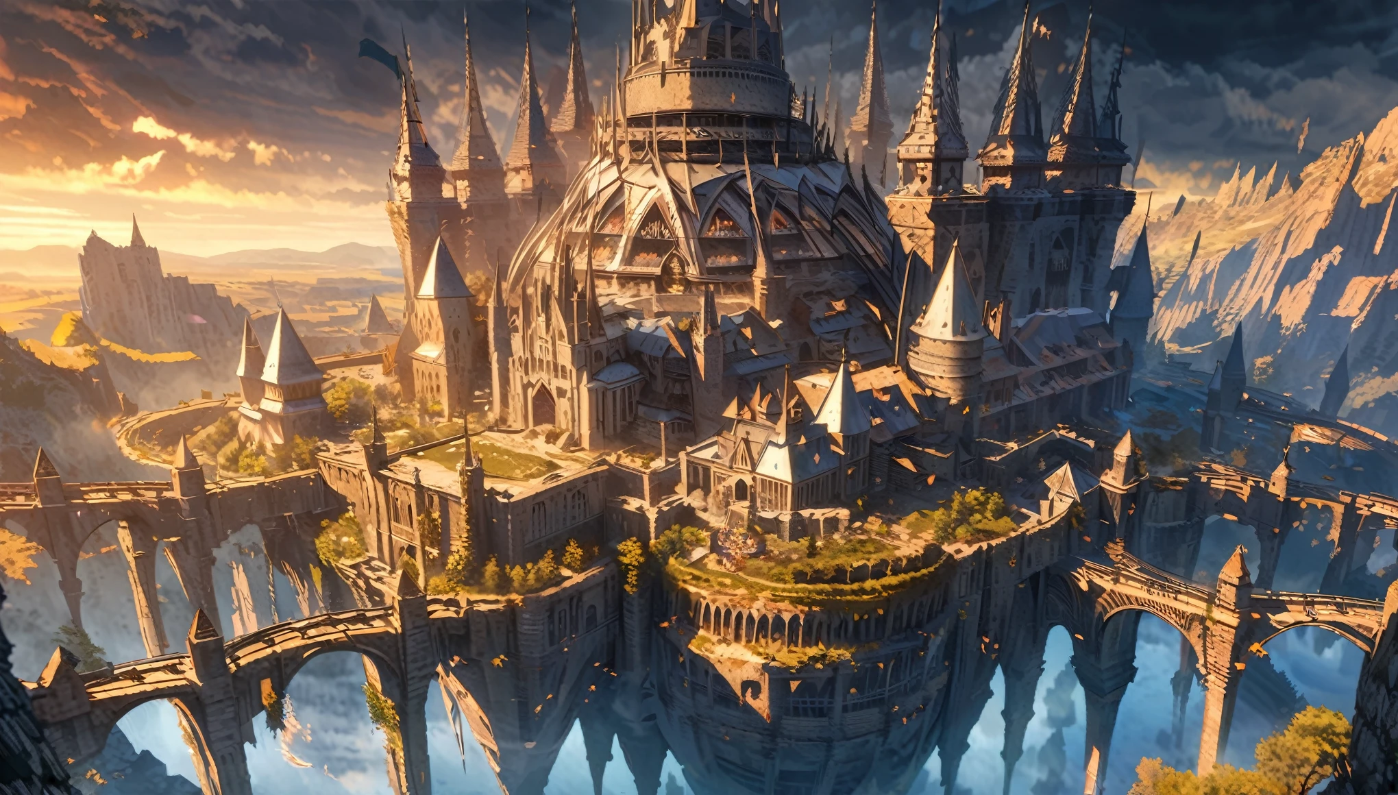  anime scenery, anime aestetics, gigantic castle, huge structure, medieval fantasy architecture, floating platforms, castle of final boss, shadow fortrest, very bright yellow bricks, epic structure, architectural masterpiece, elden ring fanart, elden ring architecture, dark fantasy, wide shot, from above, from outside, perspective, atmospheric perspective, highres, 8k, best quality, super detail, award winning, masterpiece