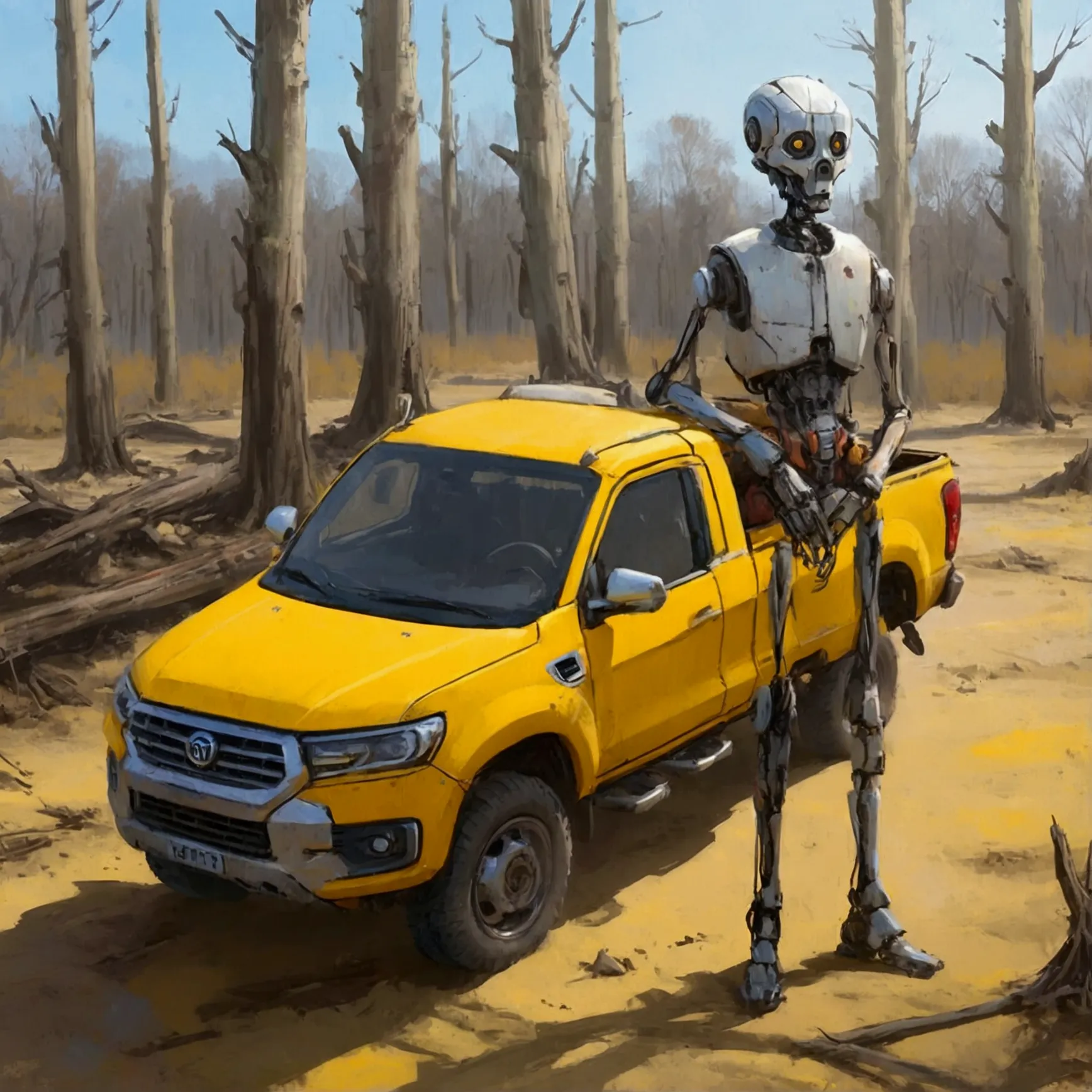 humanoid worn robot wearing farmer clothes with metal beard, inside a yellow pickup truck on a dirt road with dead trees 