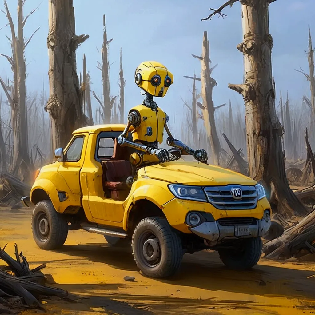 humanoid worn robot wearing farmer clothes with metal beard, inside a yellow pickup truck on a dirt road with dead trees 