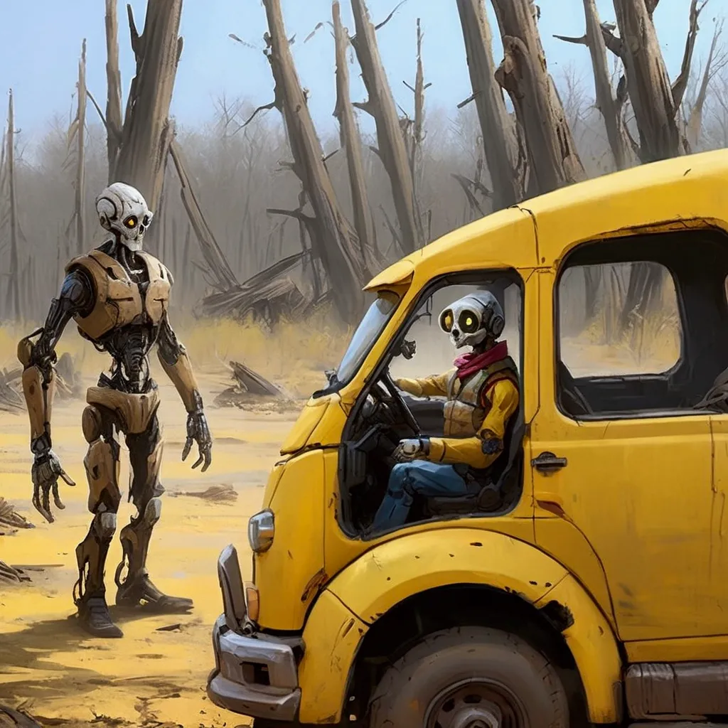 humanoid worn robot wearing farmer clothes with metal beard, inside a yellow pickup truck on a dirt road with dead trees 
