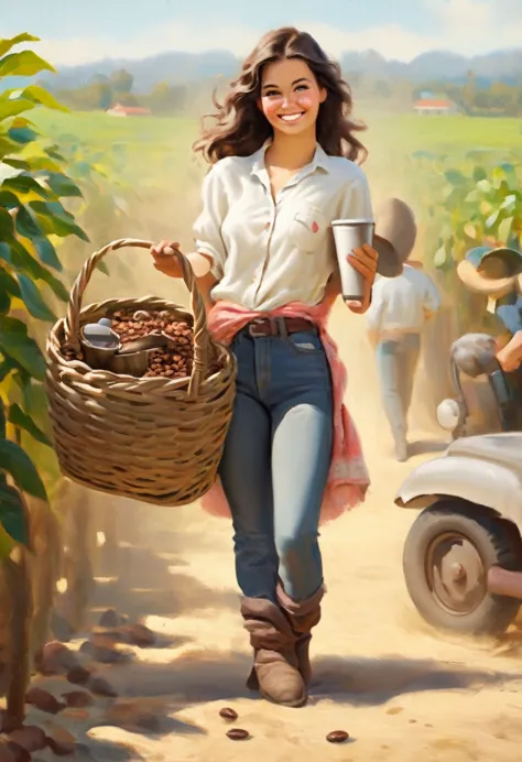A brunette girl smiling holding a basket of coffe grains on a coffe farm wearing jeans pants, a shirt and boots