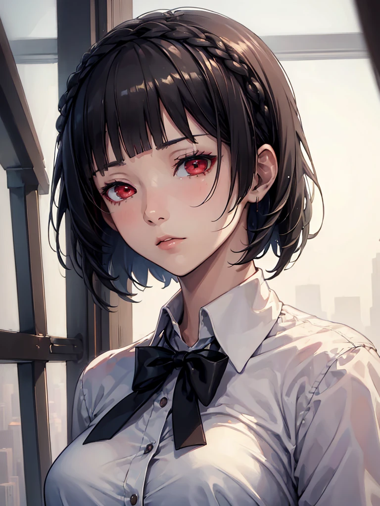 (masterpiece, best quality:1.4), 8k, Really Close Up, Niijima Makoto, Black bob cut with blunt bangs and a French-braid styled headband , Young adult, anime girl, Emotionless, Kuudere, light Red Eyes, Medium chest, White cardigan, Uniform, (detailed eyes and face, sharp pupils, realistic pupils:0.6)