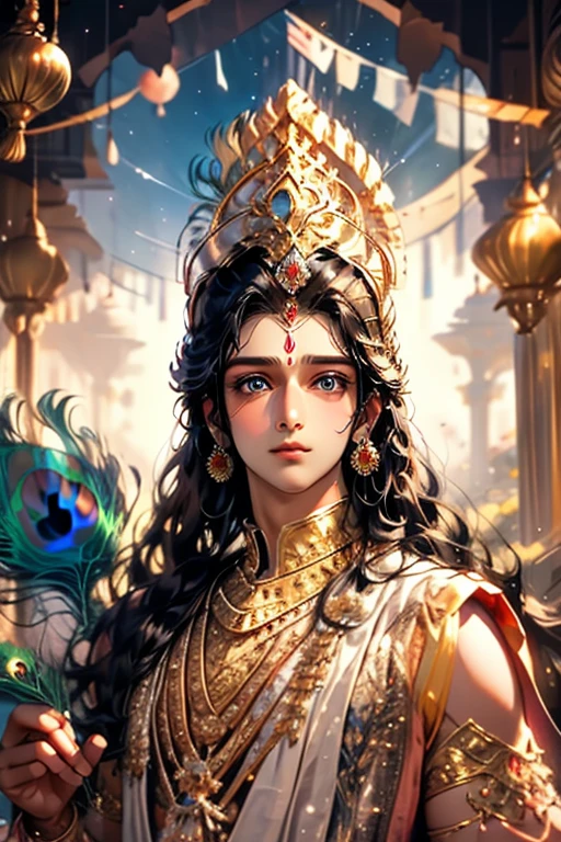 Lord Krishna, animated style, closeup shot, anime in a yellow indian dress, long black hair tied with peacock feathers, innocent expression, bright big blue eyes, holding a round crystal, natural beauty, vibrant colors, dreamy, northern light, pink bubble, romantic, soft lighting, vintage aesthetic