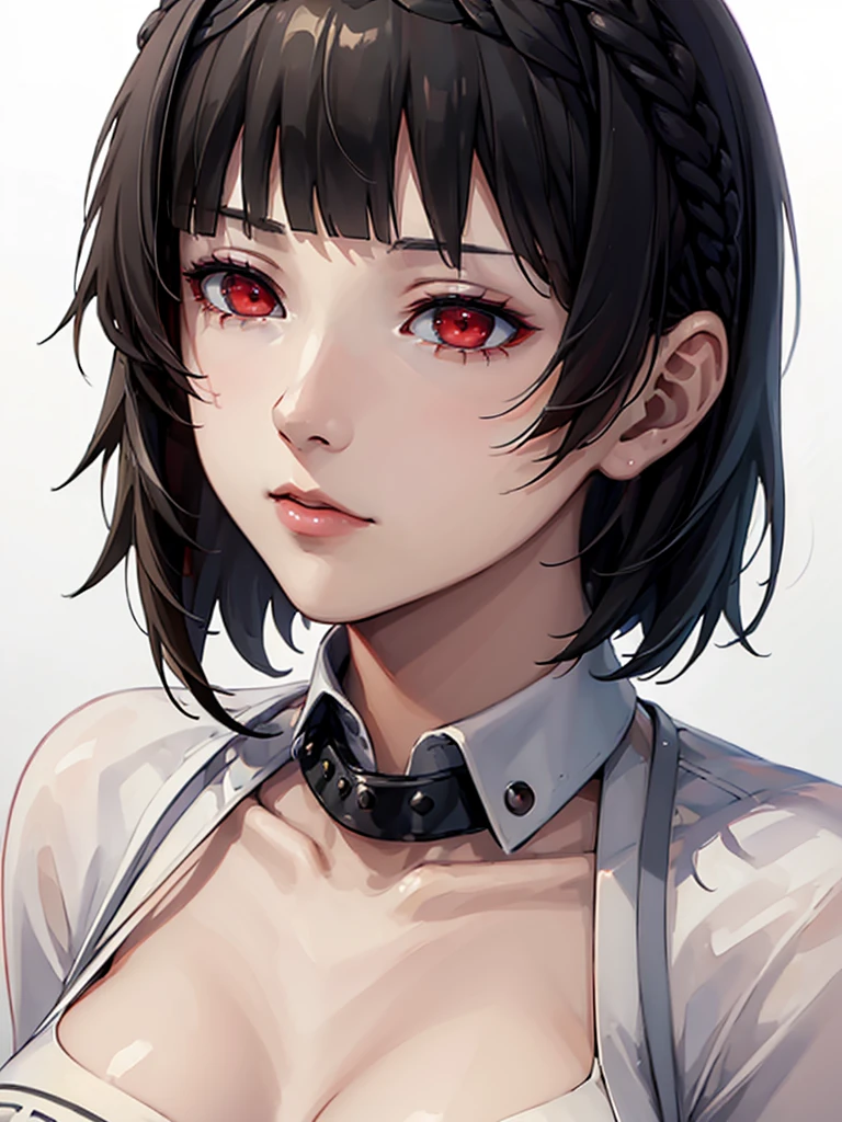 (masterpiece, best quality:1.4), 8k, Really Close Up, Niijima Makoto, Black Medium bob cut with blunt bangs and a French-braid styled headband , Young adult, anime girl, Emotionless, Kuudere, light Red Eyes, Medium chest, White cardigan, Uniform, (detailed eyes and face, sharp pupils, realistic pupils:0.6)