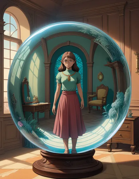 fantasy image, a glass sphere in a room reflects a girl in that room,  fullcolor