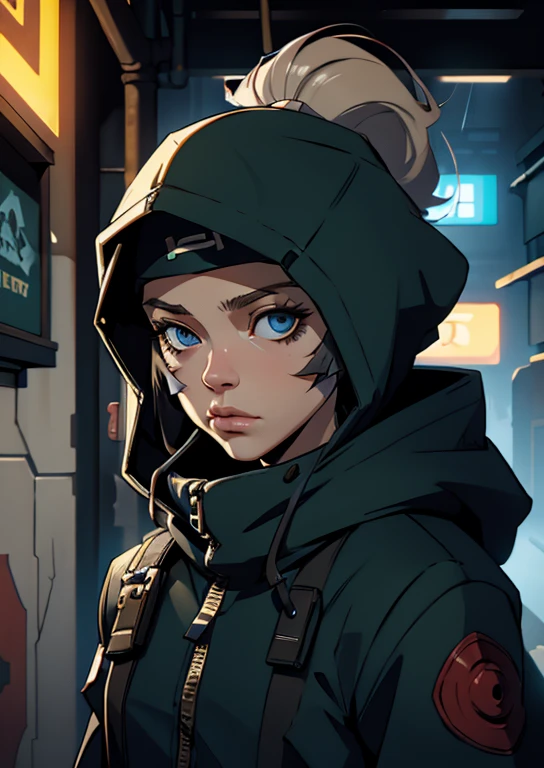 Caucasian female, face mask, hood on head, hiding in the alley, city cyberpunk