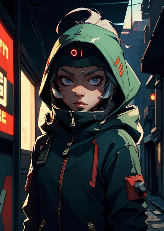 Caucasian female, face mask, hood on head, hiding in the alley, city cyberpunk