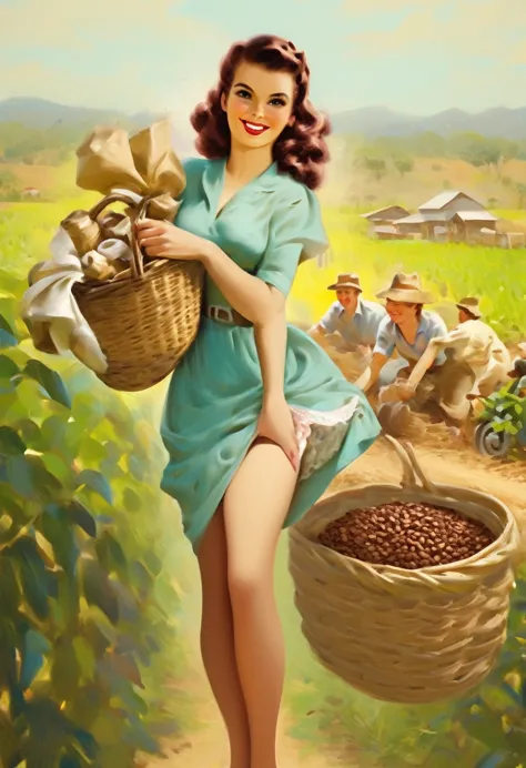 A pretty brunette pinup girl smiling showing her basket of coffe grains colected on a coffe farm.