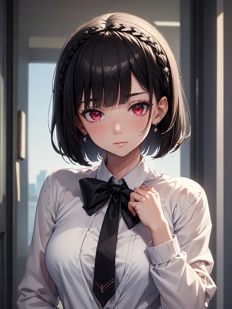 (masterpiece, best quality:1.4), 8k, Really Close Up, Black bob cut with blunt bangs and a French-braid styled headband , Young adult, anime girl, Emotionless, Kuudere, light Red Eyes, Medium chest, White cardigan, Uniform, at Campus, (detailed eyes and face, sharp pupils, realistic pupils:0.6)