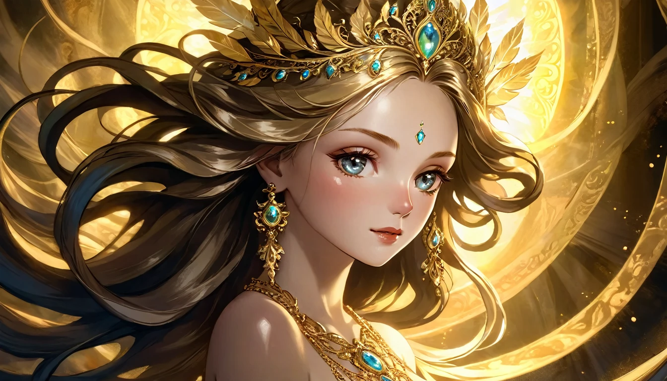 a beautiful goddess, intricate details, oil painted, chiaroscuro lighting, ethereal atmosphere, baroque style, dramatic lighting, goddess with flowing hair, goddess in a mystical landscape, ornate golden jewelry, glowing ethereal skin, serene facial expression, detailed delicate features, high contrast shadows, vibrant striking colors, (best quality,4k,8k,highres,masterpiece:1.2),ultra-detailed,(realistic,photorealistic,photo-realistic:1.37)