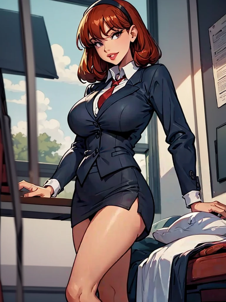 Sharona, wearing a dark gray office suit, white shirt, navy skirt,red lips,hairband,black stockings, high quality, 