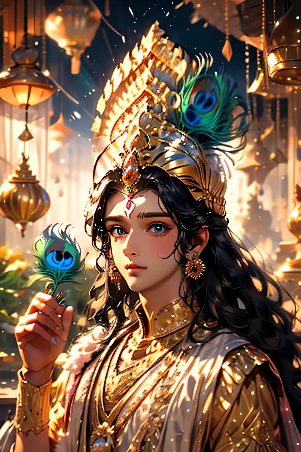 Lord Krishna, animated style, closeup shot, anime in a yellow indian dress, long black hair tied with peacock feathers, innocent expression, bright big blue eyes, holding a round crystal, natural beauty, vibrant colors, dreamy, northern light, pink bubble, romantic, soft lighting, vintage aesthetic