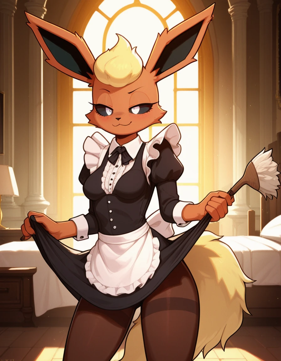 Excited expression, 1girl, anthro, furry, fur, fluffy fur, flareon girl, yellow hair (red highlights), black sclera, white eyes, short hair, Messy hair, (19 years), medium breast, thicc thighs, solo, (bedroom, mansion), sunset, detailed, smug smile, maid outfit, pantyhose, cleaning, score_9, score_8_up, score_7_up, score_6_up, score_5_up, score_4_up