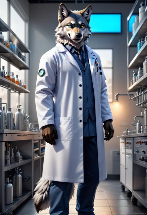 furry character, full body, male, wolf, lab coat, detailed background, 8k, (masterpiece:1.5), intricate details, highly detailed...