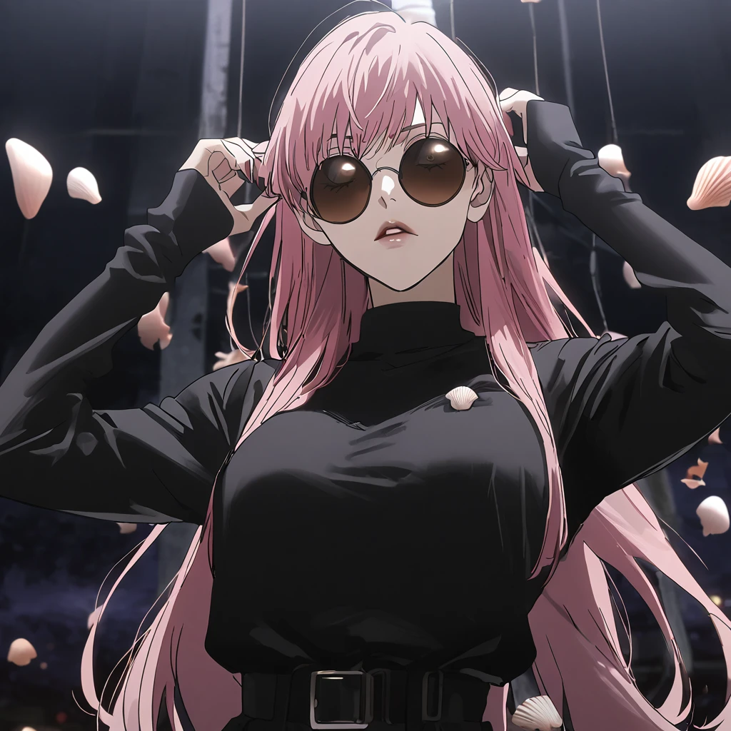 1 Mädchen, feminino fushiguro megumi, Screencap zum Anime von Jujutsu Kaisen, Megumi weibliche Version, Solo, lange Haare, ((trägt eine runde Sonnenbrille)) ((pinkes Haar, Muscheln)), Nachtsicht, (hängende Brüste) hoch, schwarze Kleidung 