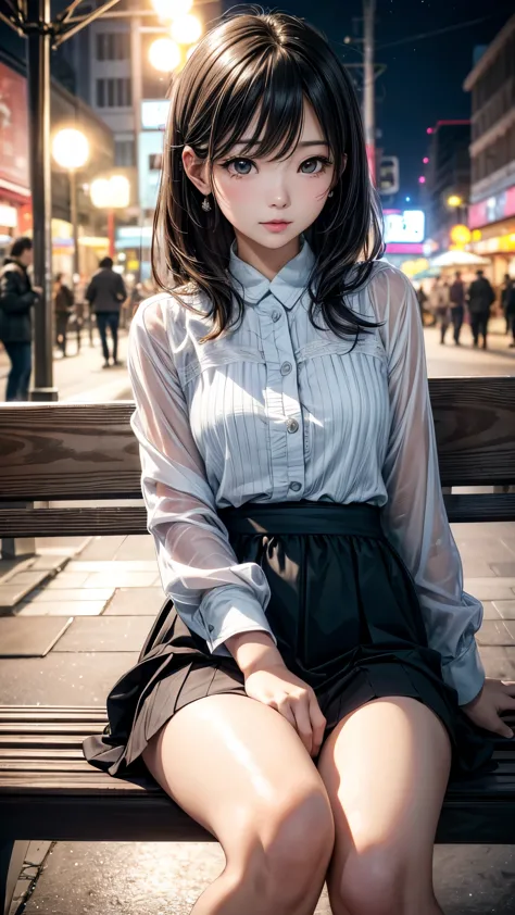 korean woman sitting on a park bench, night light, city lights, moonlight, 4k at night, fuji xt3, 8k, maximum results, photograp...