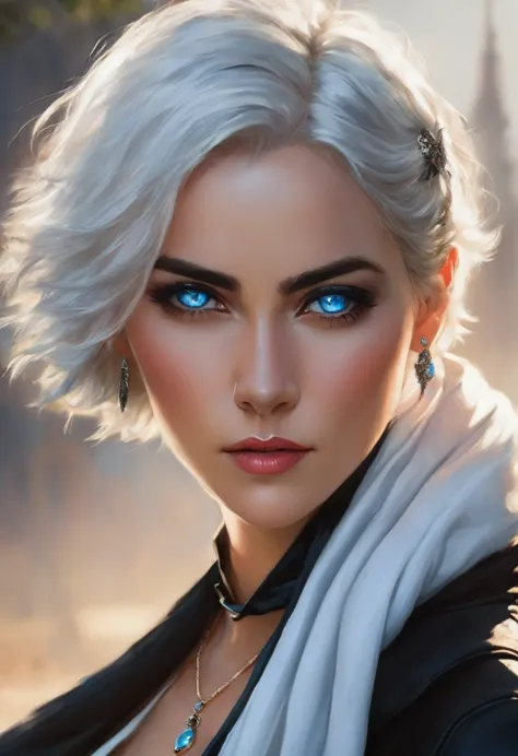 A fierce woman with short white hair and piercing blue eyes sits outdoors, her black gloves gripping a weapon as she stares dire...