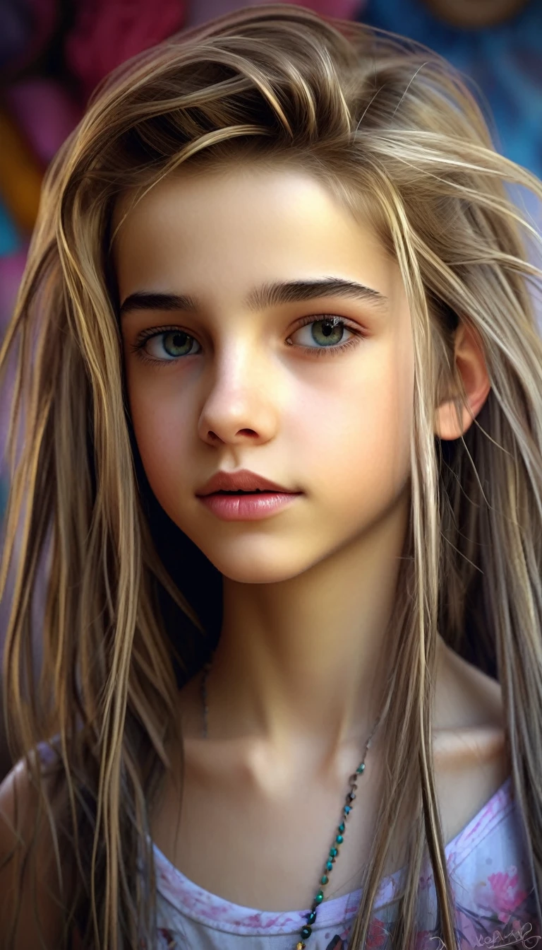 13 year old girl in her bedroom, with big toys ,skinny, slim, strange, Gentle, hair decoration , very detailed realistic texture, digital painting, very detailed photo