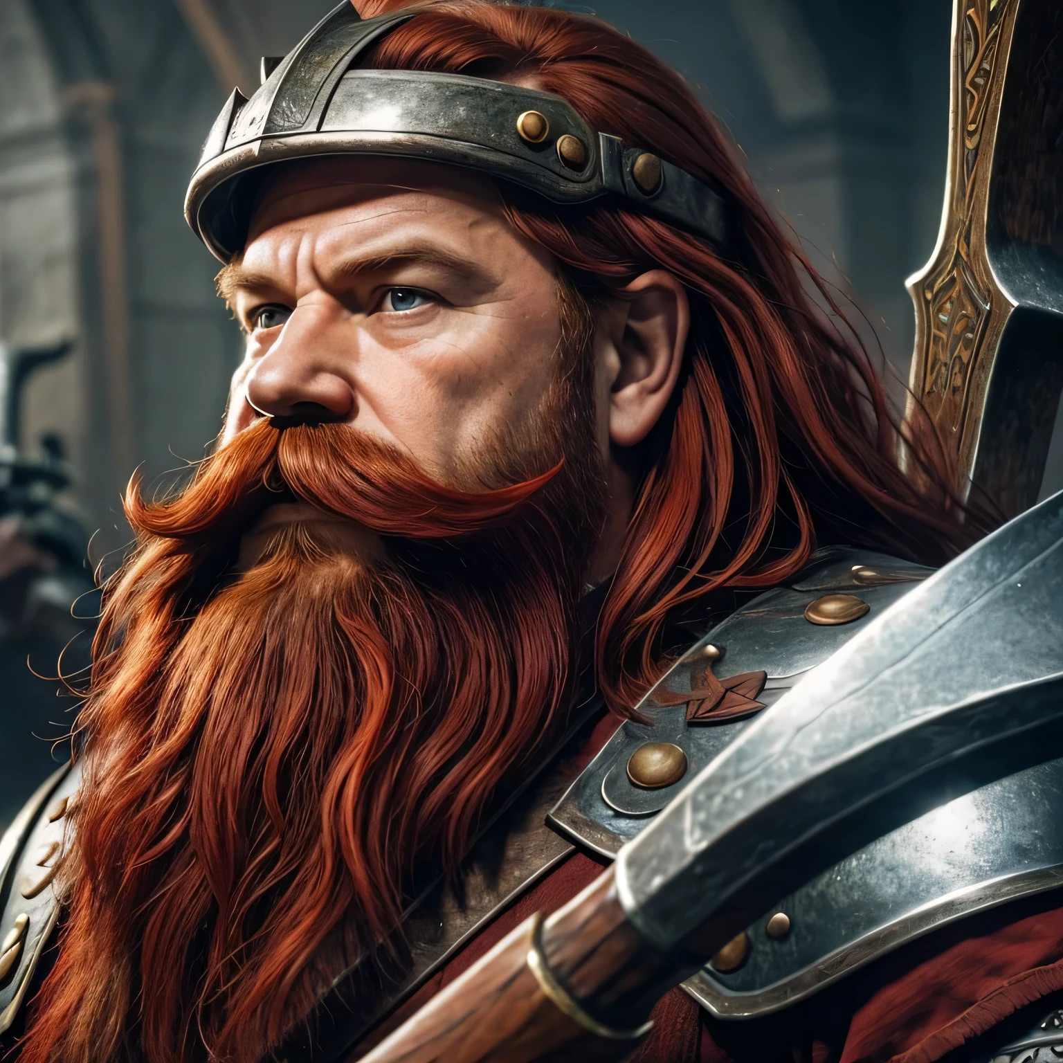 work of art, dwarf, mascle, standing alone, warrior, Chain mail, iron armor, Red hair, barba ruiva, red mustache, portraite, looking away, prime age, holding battle ax, iron helmet, Holding Shield