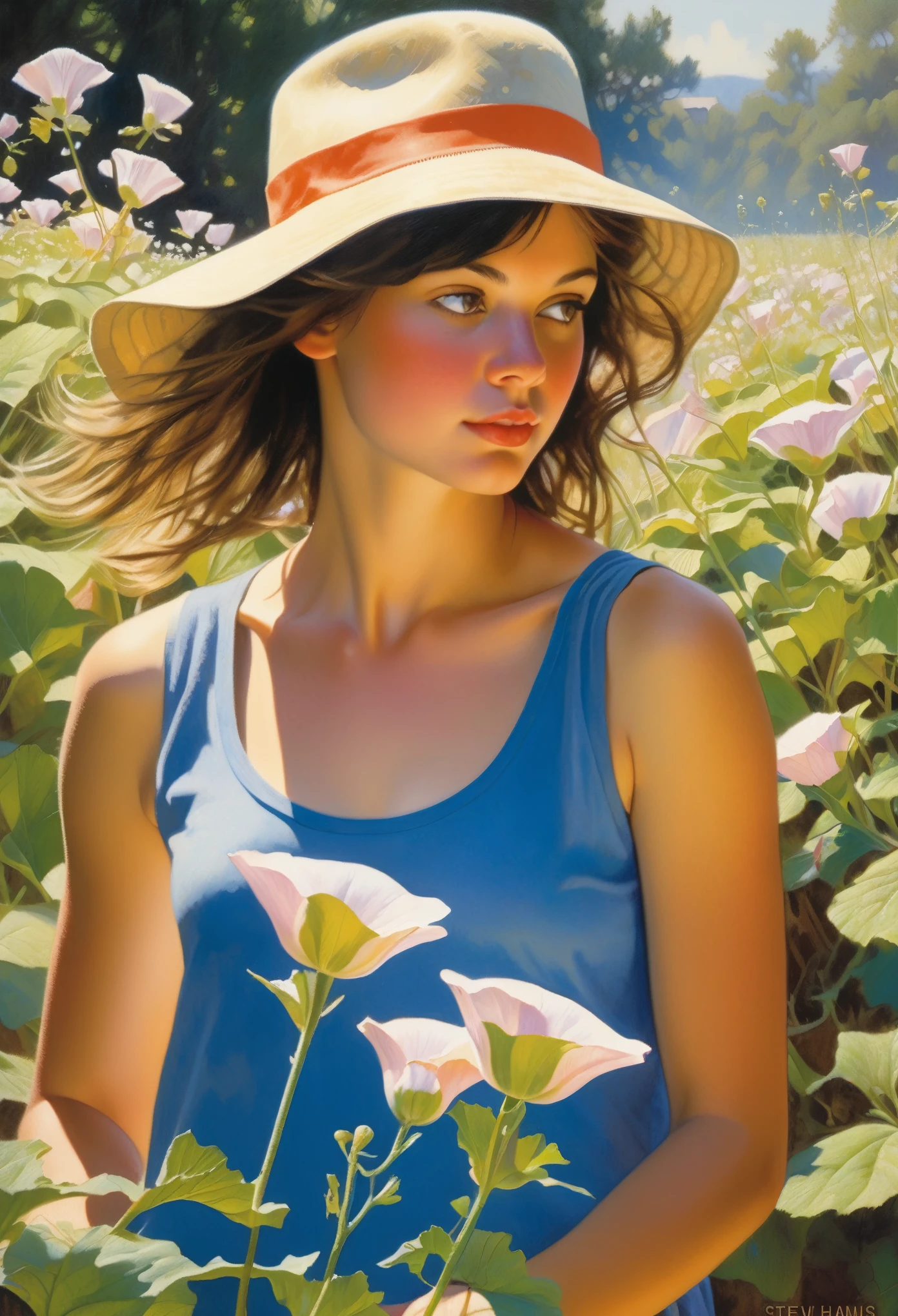 attractive young girl In the mallow thicket ((Steve Hanks style)), ((oil painting)), Bright color, ((tmasterpiece)), Impression, Extreme Detail, perspective, 8k