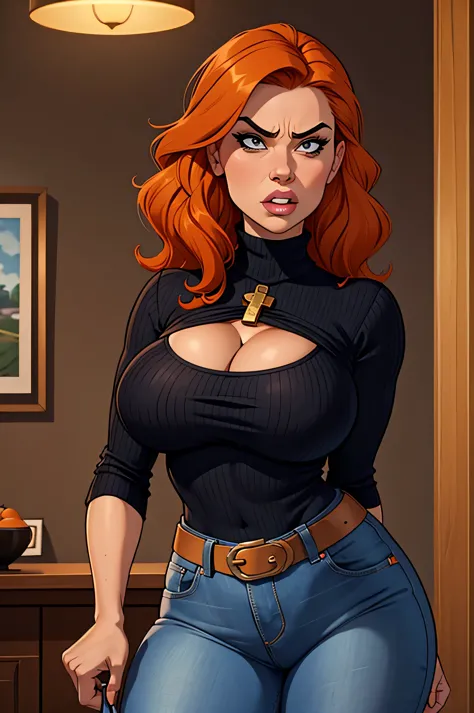 1 female, normal size breast, shortstack, annoyed look, housewife, neckleace, black turtleneck, hair orange, wavy hair, crossed ...