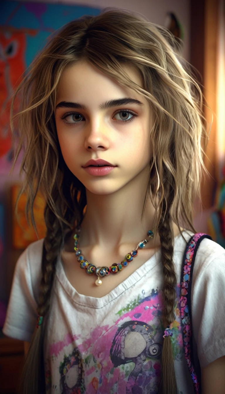 13 year old girl in her bedroom, with big toys ,skinny, slim, strange, Gentle, hair decoration , very detailed realistic texture, digital painting, very detailed photo