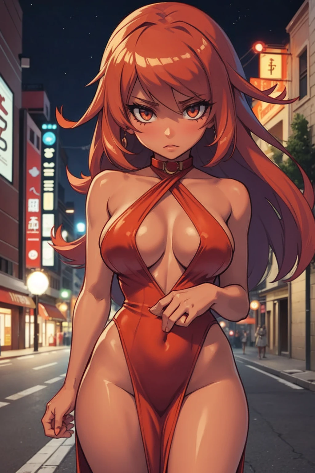 1 hot girl, tanned skin, high-slit dress, low-cut cleavage, halter, thigh cleavage, street sidewalk, fog, night city, at night, red hair, (tsf monogatari),