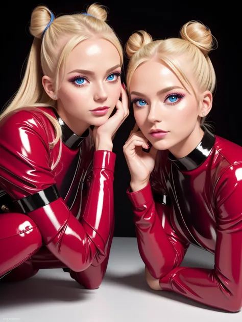 sexy twin girls,blond hair,space buns,rosa latexbluse, latex blouse detailed, hellblaues latex, rosa latex, red shiny patent pvc...