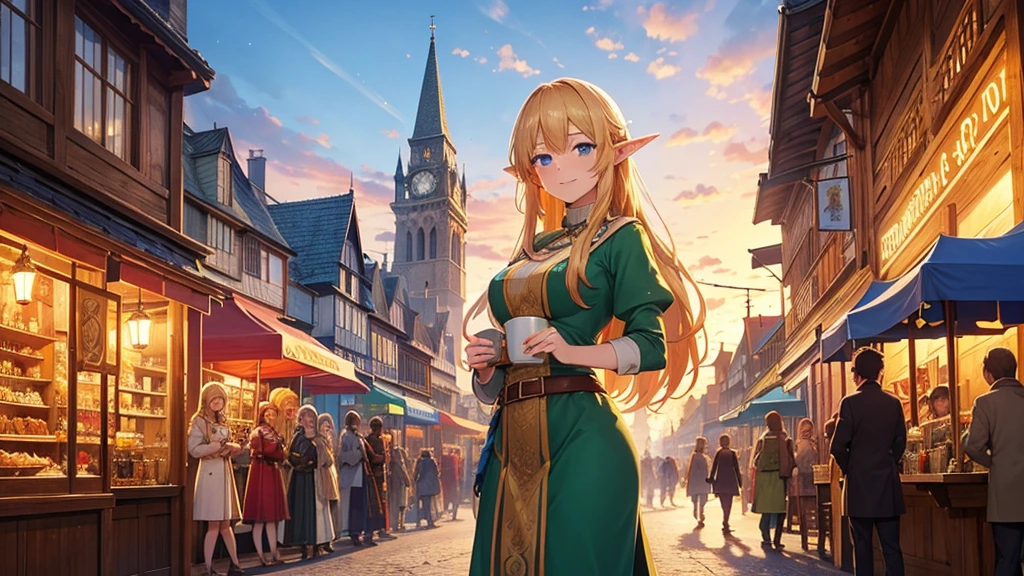 Anime style illustration of a fantastic bustling medieval street during a festival. Intricate vertical architecture with wood and stone buildings, pointed arches and towers rising into a bright blue sky. Narrow streets filled with people in fancy clothes. Garlands of lights and colored pennants cross the street. Spotlight, a young smiling elf woman with long blonde hair and pointed ears, wearing a traditional costume and holding a mug of beer. Warm, golden sunset lighting creates a cozy and festive atmosphere. Detailed and vibrant animation style, reminiscent of the works of Studio Ghibli mixed with elements of role-playing games. Rich, saturated colors, especially in warm tones: golden, brown, green and blue. Meticulous attention to background details and textures. The general atmosphere is happy and magical, capturing the essence of a fantasy world in full celebration