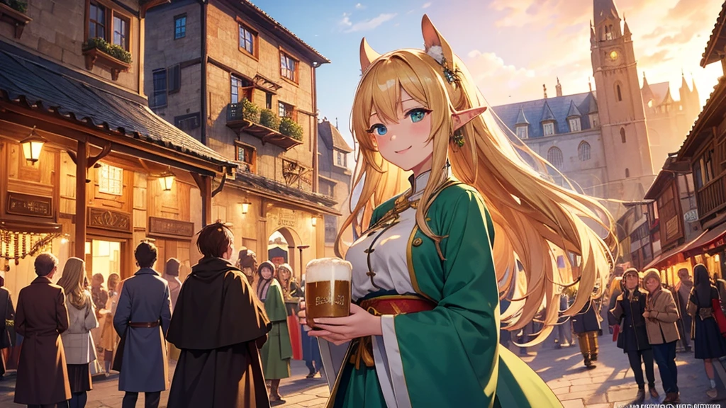 Anime style illustration of a fantastic bustling medieval street during a festival. Intricate vertical architecture with wood and stone buildings, pointed arches and towers rising into a bright blue sky. Narrow streets filled with people in fancy clothes. Garlands of lights and colored pennants cross the street. Spotlight, a young smiling elf woman with long blonde hair and pointed ears, wearing a traditional costume and holding a mug of beer. Warm, golden sunset lighting creates a cozy and festive atmosphere. Detailed and vibrant animation style, reminiscent of the works of Studio Ghibli mixed with elements of role-playing games. Rich, saturated colors, especially in warm tones: golden, brown, green and blue. Meticulous attention to background details and textures. The general atmosphere is happy and magical, capturing the essence of a fantasy world in full celebration