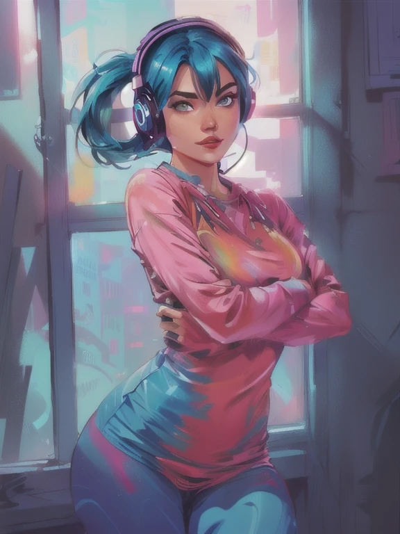 curvy woman with blue hair and headphones posing in front of a window, artgerm and lois van baarle, 极其详细的Artgerm, style artgerm, Alena Aenami e Artgerm, artgerm julie bell beeple, Tracer in a skintight dress, no style artgerm