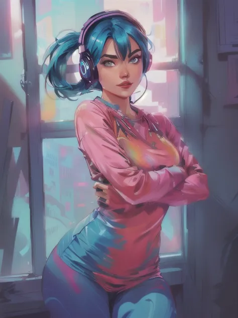 curvy woman with blue hair and headphones posing in front of a window, artgerm and lois van baarle, 极其详细的Artgerm, style artgerm,...