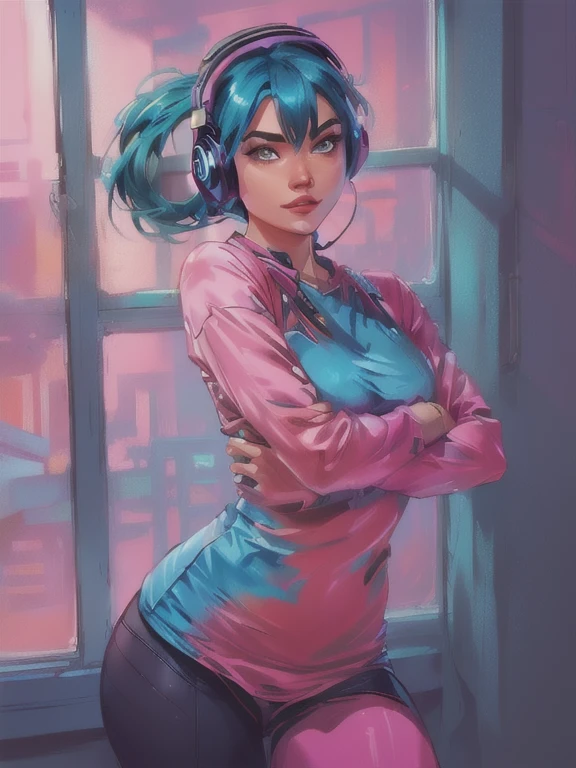 curvy woman with blue hair and headphones posing in front of a window, artgerm and lois van baarle, 极其详细的Artgerm, style artgerm, Alena Aenami e Artgerm, artgerm julie bell beeple, Tracer in a skintight dress, no style artgerm