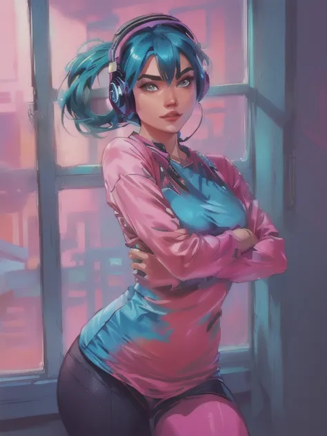 curvy woman with blue hair and headphones posing in front of a window, artgerm and lois van baarle, 极其详细的Artgerm, style artgerm,...