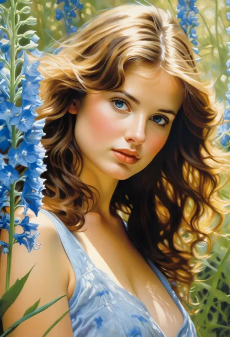 attractive young girl in the thicket of delphinium ((steve hanks style)), ((oil painting)), bright color, ((tmasterpiece)), impr...