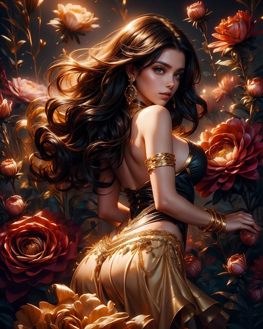 Beautiful brunette woman, 25 years old, stunning body, expressive and clear face, crystal clear eyes, full mouth, long dark curly hair, happy, short black dress with gold details with ruffles and straps, large breasts, jeweled gold earrings and necklace, dark background with white and red roses, light in the background, light falling on the hair from behind, perfect hands, a breathtaking image, 8k, HDR.