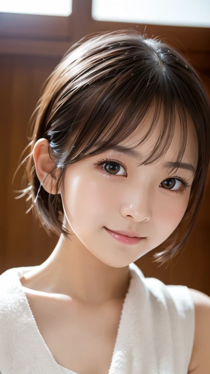 Highest quality, Face Focus, Soft Light, Ultra-high resolution, (Realistic:1.4), RAW Photos,
1 Japanese girl, alone, cute, (pupil, light in your eyes),  Beautiful face in every detail, (),(High resolution detail of human skin texture),
(Bobcut)、smile:1.1，Sweating profusely、sweating、Flowing sweat、Sauna Rules,Wrap a towel around your body,High angle、Selfie、(Portraiture)