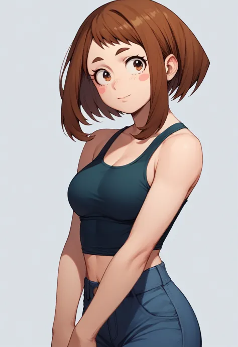 ochako uraraka, brown eyes, brown hair, modern mullet with short haircut, blush, blush stickers, sexy pose, standing apeallingly