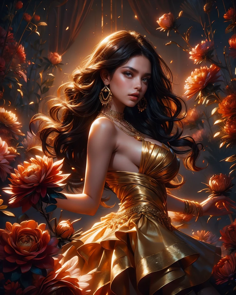 Beautiful brunette woman, 25 years old, stunning body, expressive and clear face, crystal clear eyes, full mouth, long dark curly hair, happy, short black dress with gold details with ruffles and straps, large breasts, jeweled gold earrings and necklace, dark background with white and red roses, light in the background, light falling on the hair from behind, perfect hands, a breathtaking image, 8k, HDR.