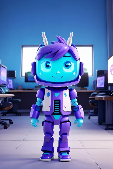 Mascot masculine and cute, for computer store, light blue colors, lilac and white Robot style steals the H1 brand
