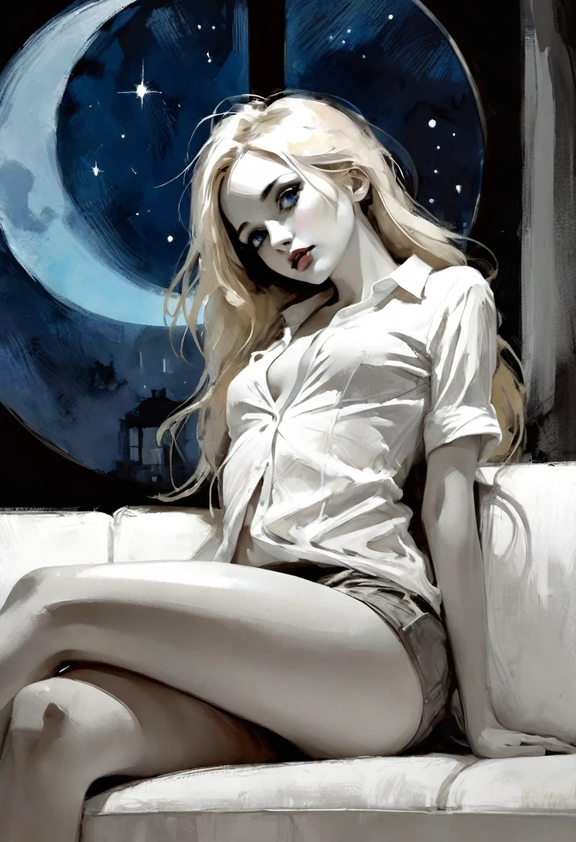 very sexy girl, long blonde hair, very small breasts, on a sofa, wearing only an open white shirt, open shirt, showing breasts, very thin, eroticism, sexy and powerful composition, emotional impact ((from below)), magic, fantastic, night sky window, moon, stars, background, alone, very beautiful, cute, adorable, embarrassed, alone, blue eyes, white skin, Glowify (simple oil painting in the style of Bill Sienkiewicz) black and white image
