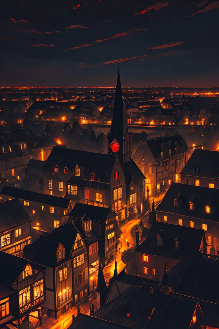 old European village shot with bird view, (Red glowing eyes), masterpiece, Depth of written boundary, Lutz, Gwaites style artwork, Gothic aesthetics, Dark Vampire village, ((in the dark gothic style cathle:1)), ((dark mid-night time:1.5)),