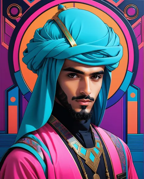 in a futuristic cyberpunk world, a saudi arabian man adorned in traditional clothing stands out with a twist of vaporwave aesthe...